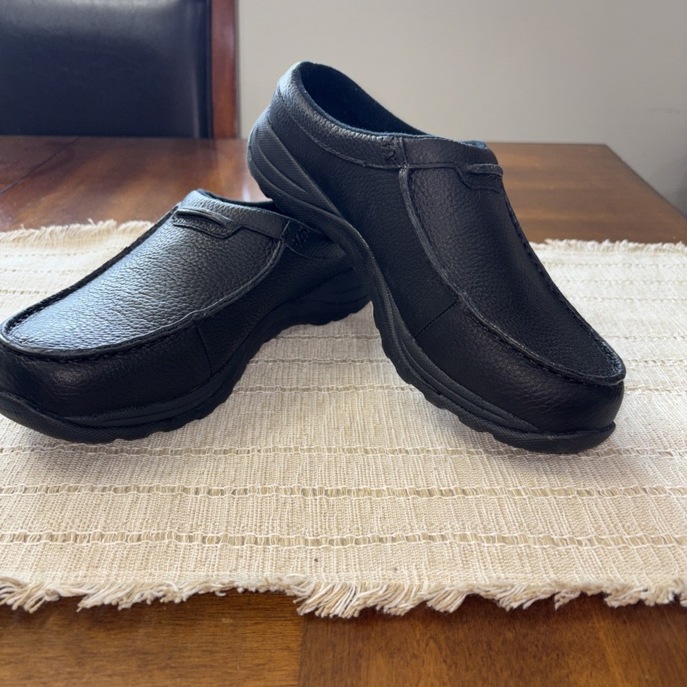 LL Bean Comfort Mules Mens Sz 9.5 WideBlack Pebbled Leather Slip On Fleece Lined